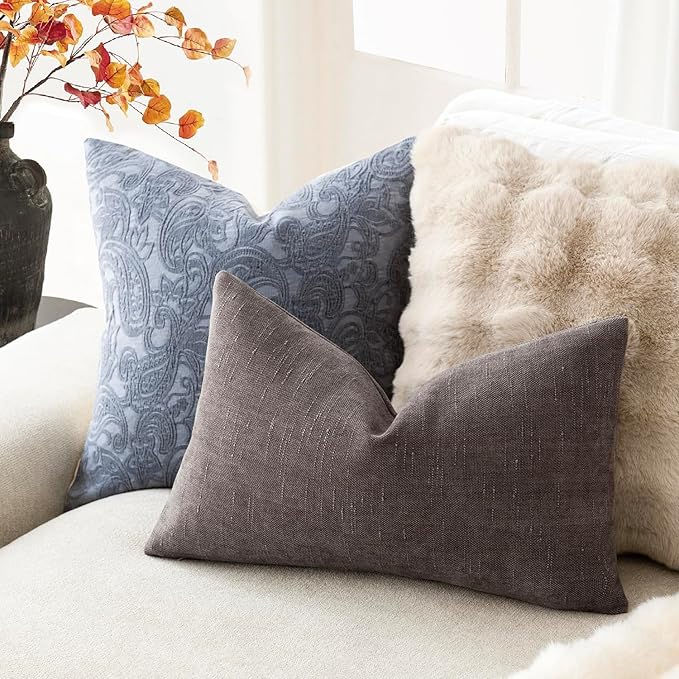 Foindtower Pack of 2 Soft Textured Chenille Throw Decorative Pillow Covers Lumbar Accent Solid Cushion Cover Cozy Farmhouse Pillow Case with Zippe for Couch Sofa Bed Living Room 12x20 Inch, Charcoal