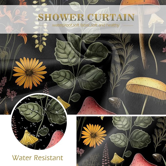 Aimego Extra Long Shower Curtain - Boho Mushroom Floral Vintage Plants Flowers Botanical Nature Bath Shower Curtain Set with 12 Hooks for Bathroom Decor Bathtub Curtain, 72"x84" Black