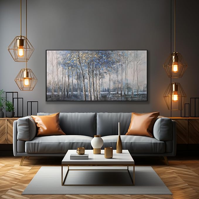 Framed Wall Art Scene Nature Decor Canvas Print Blue Embellishments Plant Grey Misty Forest Abstract Tree Painting Picture Artwork Framed Wall Decor For Living Room Bedroom Living Room And Apartment