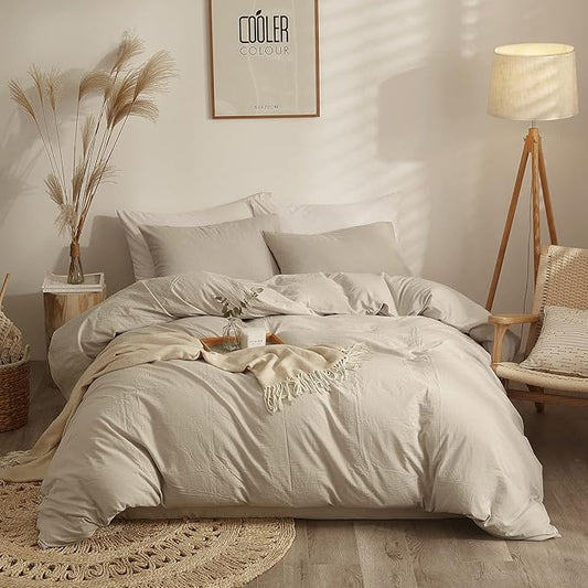 AMWAN Solid Duvet Cover Queen Size Soft Washed Cotton Beige Bedding Sets Modern Style Boho Comforter Cover Cotton Light Tan Duvet Quilt Cover Collection