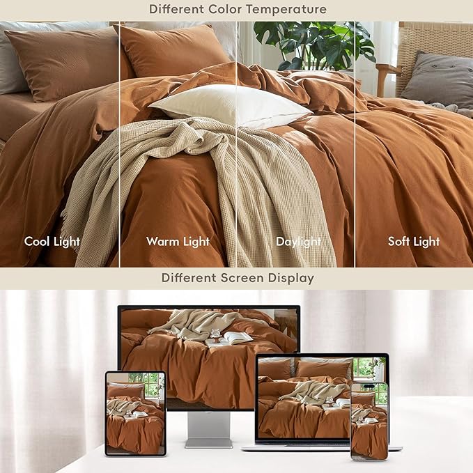 MooMee Bedding Duvet Cover Set 100% Washed Cotton Linen Like Textured Breathable Durable Soft Comfy (Solid Dark Orange, Super Queen 90"x98")