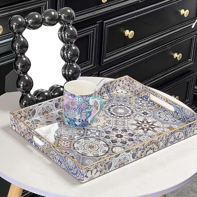 Large Serving Tray with Handles,Rectangle Plastic Serving Tray,Bohemian Blue Ottoman Trays Coffee Table Trays for Living Room,Decorative Tray for Coffee Table 16" x 12"