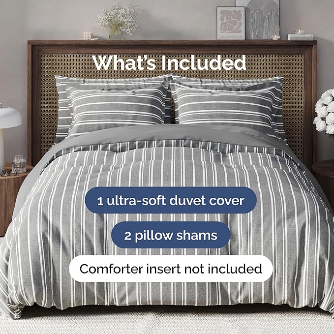 Duvet Cover Full Size Set - Extra Soft Full Size Duvet Cover 80 x 90 with 2 Pillow Shams - Hotel Luxury Easy Care and Fade Free w/Zipper Closures & Ties - Comfy Breathable Bedding Set (Grey Stripes)