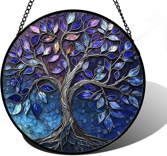 Stained Glass Window Hanging, Blue Purple Tree of Life Sun Catchers Colorful Glass Panel Plants Suncatcher Decor for Birthday for Women,Men,Wife, Lovers, and Mom 9.8 in
