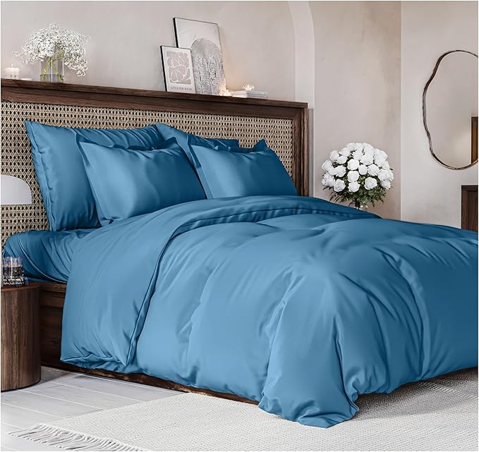 Duvet Cover Full Size Set - Extra Soft Full Size Duvet Cover 80 x 90 with 2 Pillow Shams - Hotel Luxury Easy Care and Fade Free w/Zipper Closures & Ties - Comfy Breathable Bedding Set (Denim Blue)