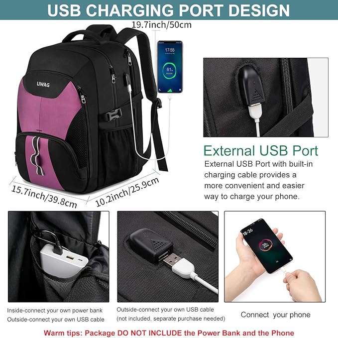 Business Laptop Backpacks for Women Girls,Men Extra Large Travel Backpack with USB Charging Port,TSA Anti Theft Durable Water Resistant College School Computer Bag Fits 17.3'' Laptop Notebook,Purple