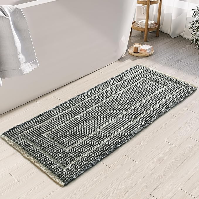 Woven Bath Mat, Upgraded Self Drying Non Slip Mat, Washable for Floor, Ultra Soft, Bluish Grey & Yellow, 19"*48" Waffle Weave