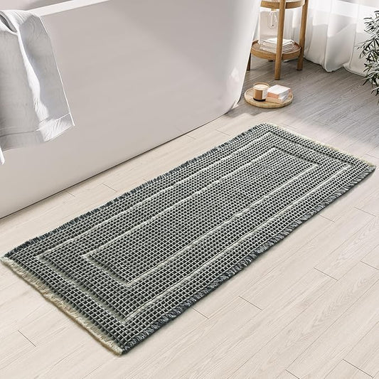 Woven Bath Mat, Upgraded Self Drying Non Slip Mat, Washable for Floor, Ultra Soft, Bluish Grey & Yellow, 19"*48" Waffle Weave