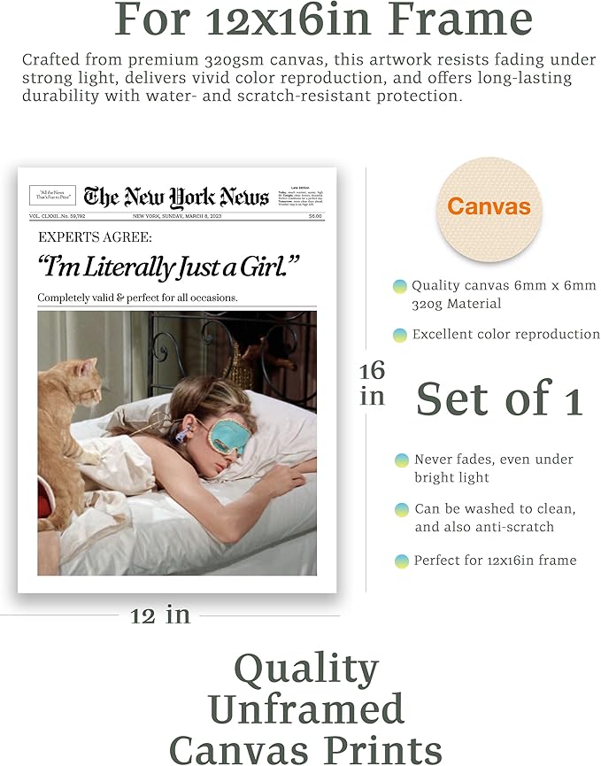 EcoHest Unframed Trendy Newspaper Audrey Hepburn Magazine Wall Art, 12x16 in I‘m Literally Just a Girl Canvas Wall Art Home Decor, Beige Retro Set of 1 For Bedroom Living Room