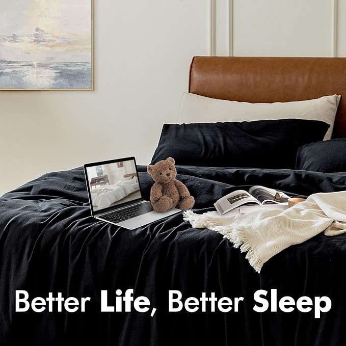 FOSSA Duvet Cover Set 100% Washed Cotton 2 Pieces Bedding Set Twill Soft Cozy Breathable Sturdy Substantial with Textured Weave Solid Black Twin/Twin XL