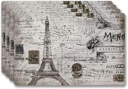Vinyl Rectangular Placemats Set of 4 - Non Slip Place Mats Ideal for Indoor and Outdoor Dining Table - Washable and Heat Resistant Table Mat for Kitchen Tables (Paris)