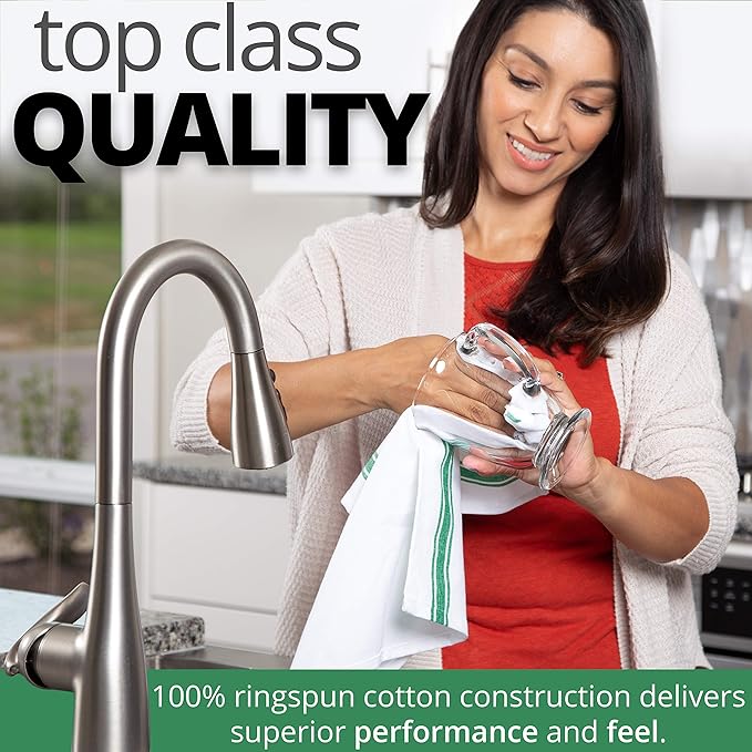 Aunti Em's Kitchen Dish Towels Set (13 Pack) Natural Cotton Fabric for Embroidery - Zero-Lint Cloth for Drying Glasses, Plates, Hand - 25.5 x 15.5 Inch (13-Pack Green Stripes)