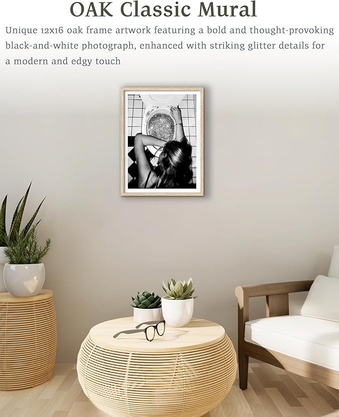 EcoHest Trendy After the Disco Party Framed Wall Art, 12x16 in OAK Wood Black and White Funny Bathroom Canvas Art, Teen Girl Poster College Dorm Decor, Set of 1 for Bedroom Living Room