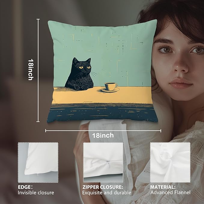Black Cat Throw Pillow Covers 18x18, Aesthetic Black Cat Art Painting Decor Pillow Covers, Vintage Cats Drinking Coffee Decor for Room Bedroom