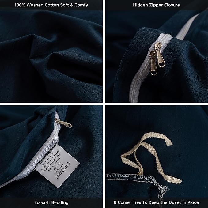 ECOCOTT Navy Blue Duvet Cover Twin Size - 100% Washed Cotton Durable Soft Comfy Duvet Cover Set, 3 Pieces Duvet Cover with Zipper Closure (Navy Blue, 68''x90'')