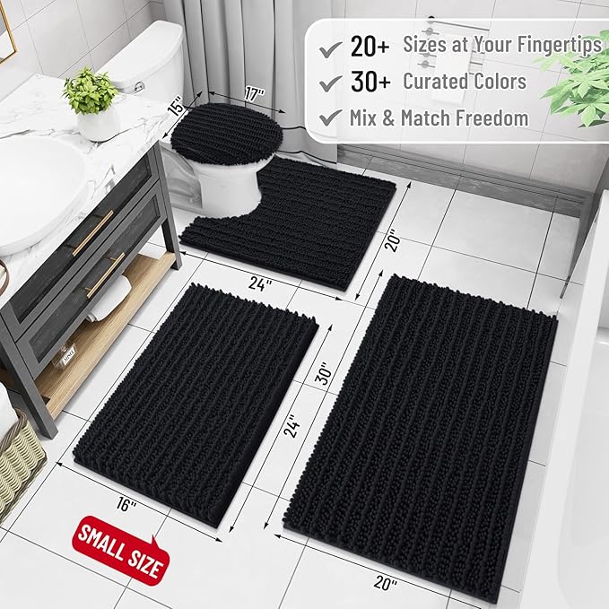 Arotive Luxury Chenille Bathroom Rug Mat, Extra Soft Thick Absorbent Shaggy Bath Rugs, Non-Slip Machine Wash Dry, Plush Bath Mats for Bathroom, Shower and Tub, 40x24, Black