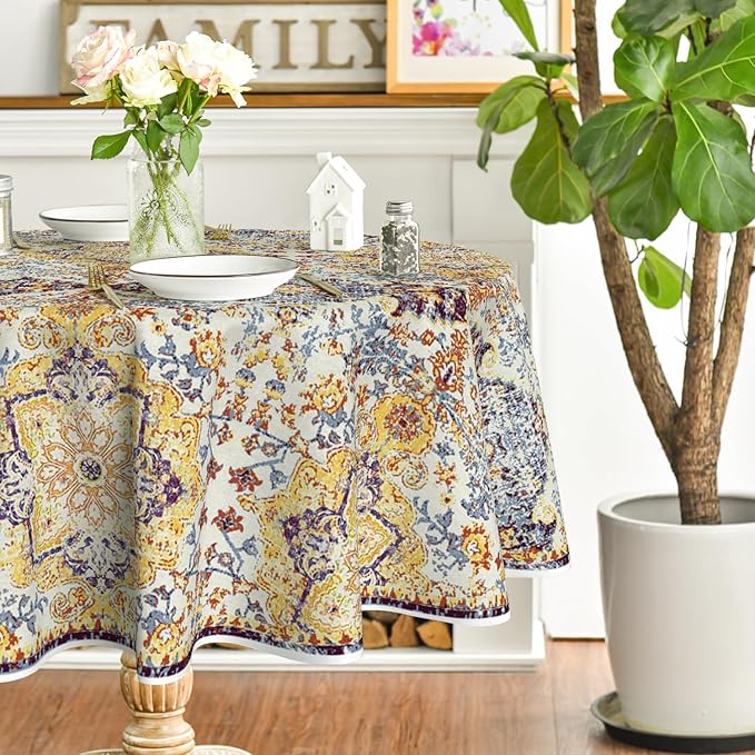 Horaldaily Boho Bohemia Style Tablecloth 70×70 Inch Round, Yellow Vintage Country Rustic Farmhouse Magical Fall Orange Washable Seasonal Table Cover for Party Picnic Dinner Decor
