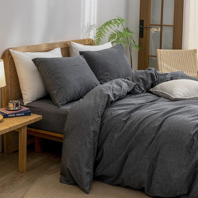 BESTOUCH Duvet Cover Set 100% Washed Cotton Linen Feel Super Soft Comfortable Chic Lightweight 3 PCs Home Bedding Set Solid Dark Black Full/Double