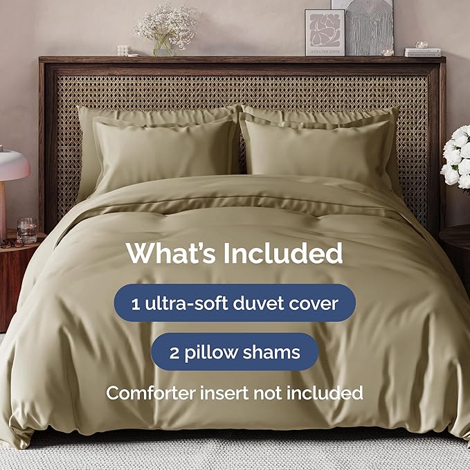 Duvet Cover King Size Set - Extra Soft King Size Duvet Cover 104 x 90 with 2 Pillow Shams - Hotel Luxury, Easy Care and Fade Free with Zipper Closures & Ties - Comfy, Breathable Bedding Set (Khaki)