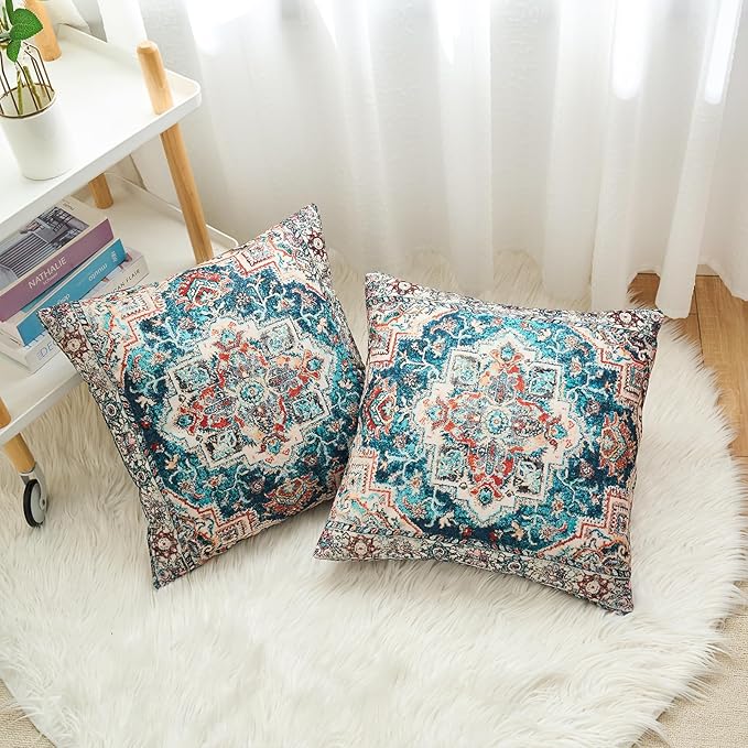 Boho Throw Pillow Covers 20x20 inch Set of 2,Boho Vintage Carpet Pattern Antique Ethnic Decor Double Sided Pattern Cushion Cover Soft Pillow Case Living Sofa Room Bed Square Pillow Cover