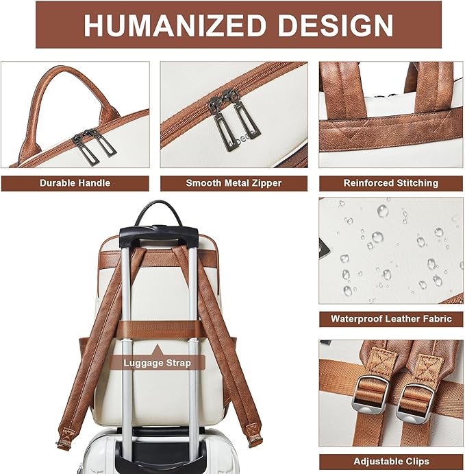 Leather Laptop Backpack for Women, 15.6" Causal Daypack Backpacks Purse Computer Backpack with Laptop Compartment for Travel Work College Business, Beige Brown