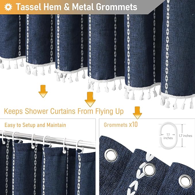 BTTN Stall Shower Curtain - 60x72 Narrow Boho Farmhouse Linen Vintage Striped Fabric Shower Curtain Set with 10 Hooks, Bohemian Cottage Decorative Heavy Duty Shower Curtains for Bathroom - Navy Blue