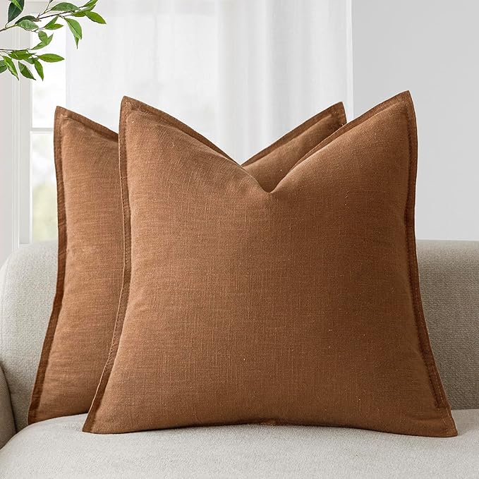 Foindtower Pack of 2, Decorative Linen Soild Throw Pillow Covers Soft Accent Cushion Case Boho Farmhouse Pillowcase for Chair Couch Sofa Bedroom Living Room Home Decor 16 x 16 Inch Orange Brown