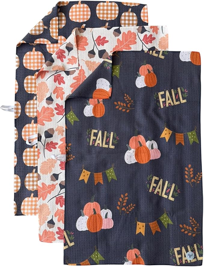 || 3 Pack|| Double Sided Dish Towels || Waffle Weave Microfiber || Tea Towels || Highly Absorbent || Hanging Loop || Dish Cloths || Modern || Designer Prints (Fall Leaves Gray)