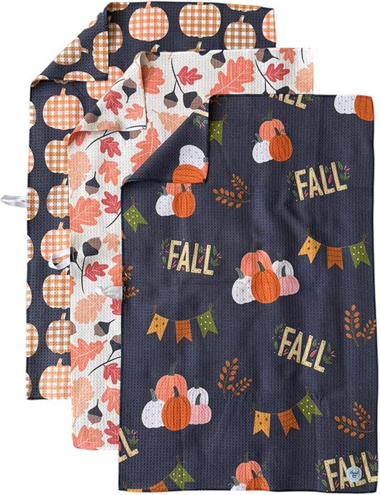|| 3 Pack|| Double Sided Dish Towels || Waffle Weave Microfiber || Tea Towels || Highly Absorbent || Hanging Loop || Dish Cloths || Modern || Designer Prints (Fall Leaves Gray)
