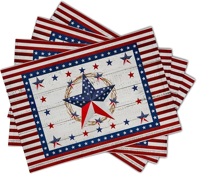 Giwawa 4PCs Patriotic Stars Placemats, 4th of July America Star Wreath Table Mat for Kitchen Dining, Independence Day Decorative Washable Linen Place Mat 12x18in for Holiday Party Picnic