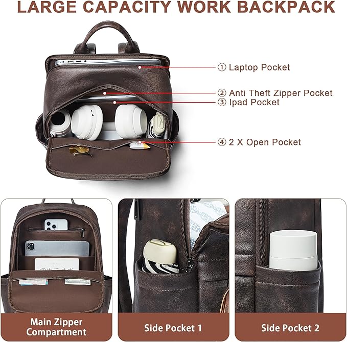 Leather Laptop Backpack for Women, 15.6" Causal Daypack Backpacks Purse Computer Backpack with Laptop Compartment for Travel Work College Business, Coffee