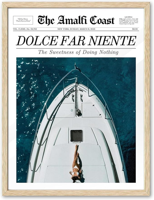 EcoHest Small Trendy Newspaper Dolce Far Niente Framed Wall Art, 8x10 in OAK Wood La Dolce Vita Canvas Wall Art, Magazine Italian Summer Headline Print Decor, Set of 1 for Bedroom Living Room