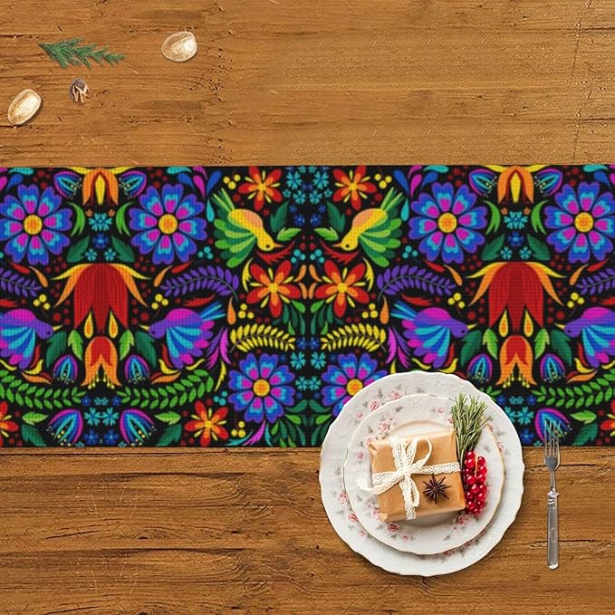 Mexican Pattern Table Runner Burlap Seasonal Kitchen Dining Linen Table Decoration for Indoor Outdoor Home Party Dinner 13x72 Inch