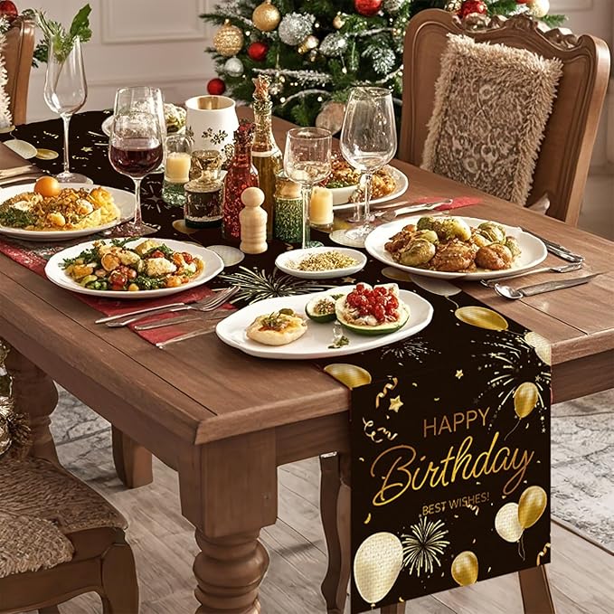 Happy Birthday Black Table Runner Burlap Kitchen Dining Linen Table Decoration for Indoor Outdoor Home Party Dinner 13x72 Inch