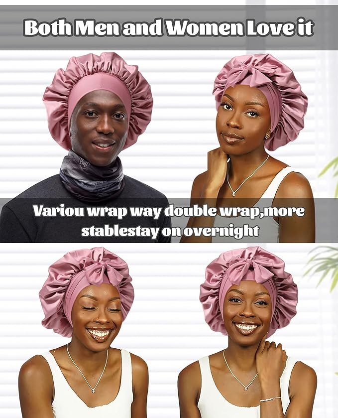 Satin Bonnet for Sleeping Cap Double Layer Hair Bonnet with Elastic Tie Band for Curly Hair Night Cap (Bean Paste + Pink)