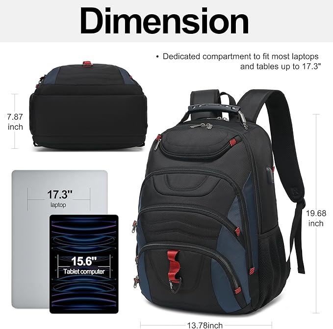 Boavan Laptop Backpack for men, 17.3 inch Laptop Bag with USB Port, Waterproof Travel Work Backpack Purse, Anti-Theft Teacher Nurse Doctor Casual Bookbags Office Business backpack，Black&Classic Navy