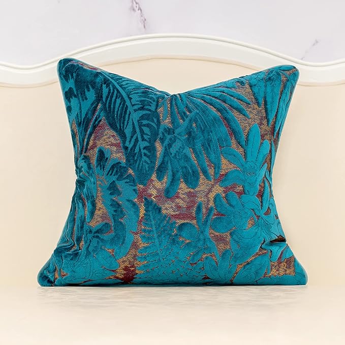 Alerfa 18 x 18 Inch Light Blue Square Maple Leaf Pillow Embroidery Cut Velvet Cushion Case Luxury Modern Lumbar Throw Pillow Cover Decorative Pillow for Couch Sofa Living Room Bedroom Car