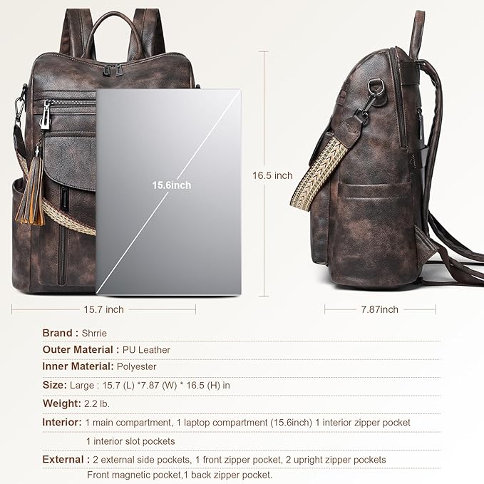 Shrrie Laptop Backpack for Women 15.6 inch,Travel Leather Backpack Purse Nurse Teacher Carry on Backpack Computer Bag,Professional Water-Resistant College Business Work Casual Daypack,Two-toned Coffee