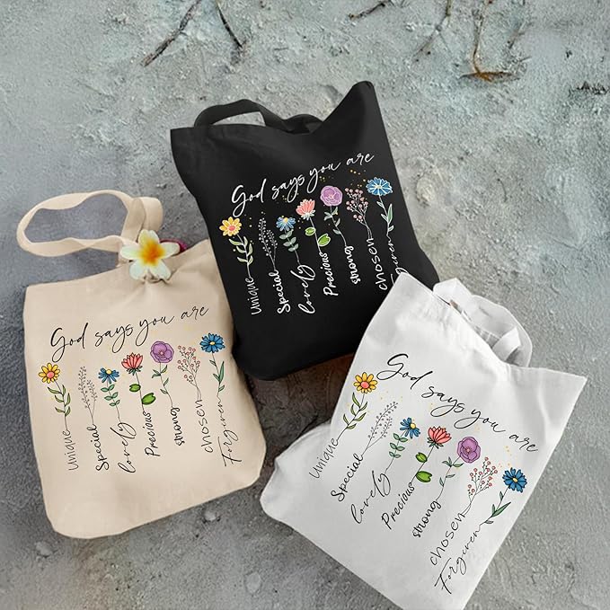 2 Pack Christian Bible Canvas Tote Bag for Women with Makeup Bag Gods Says You Are Bags Floral Tote Bag Aesthetic