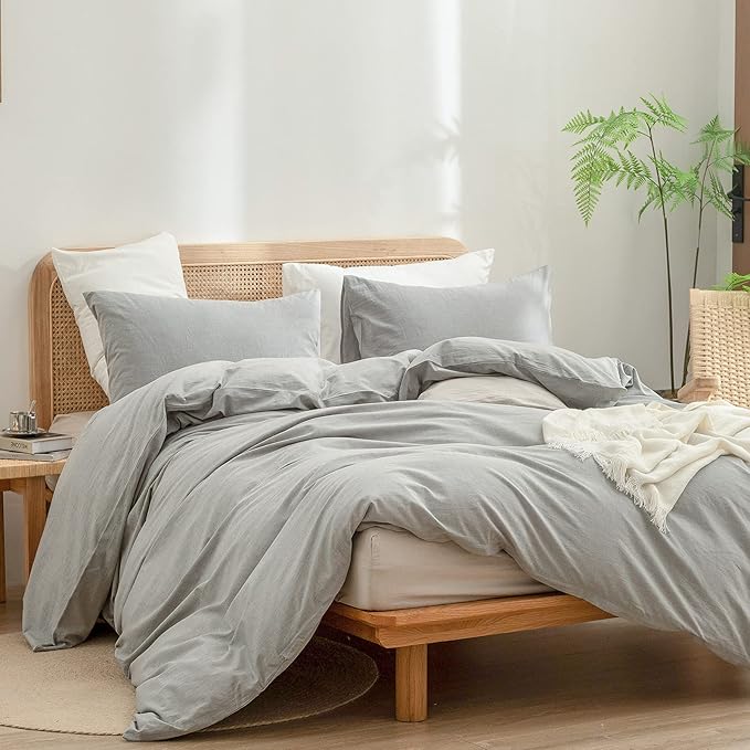 BESTOUCH Duvet Cover Set 100% Washed Cotton Linen Feel Super Soft Comfortable Chic Lightweight 3 PCs Home Bedding Set Solid Light Grey Super Queen