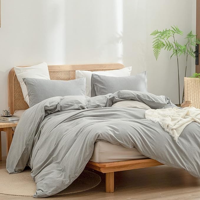 BESTOUCH Duvet Cover Set 100% Washed Cotton Linen Feel Super Soft Comfortable Chic Lightweight 3 PCs Home Bedding Set Solid Light Grey Queen