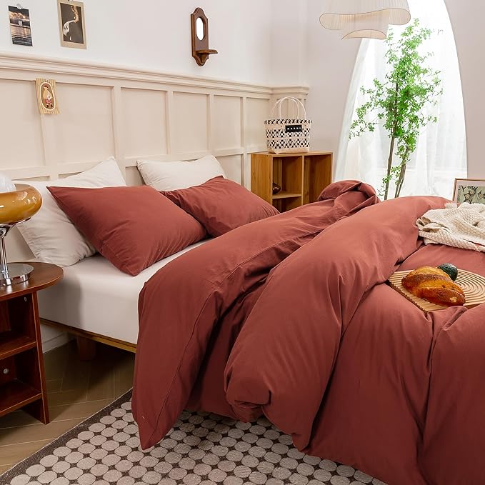 ECOCOTT Duvet Cover California King Size - Linen Feel Textured Organic Natural 100% Washed Cotton, Soft Breathable 3 Pieces Bedding Set with Zipper Closure, Burnt Brick Red