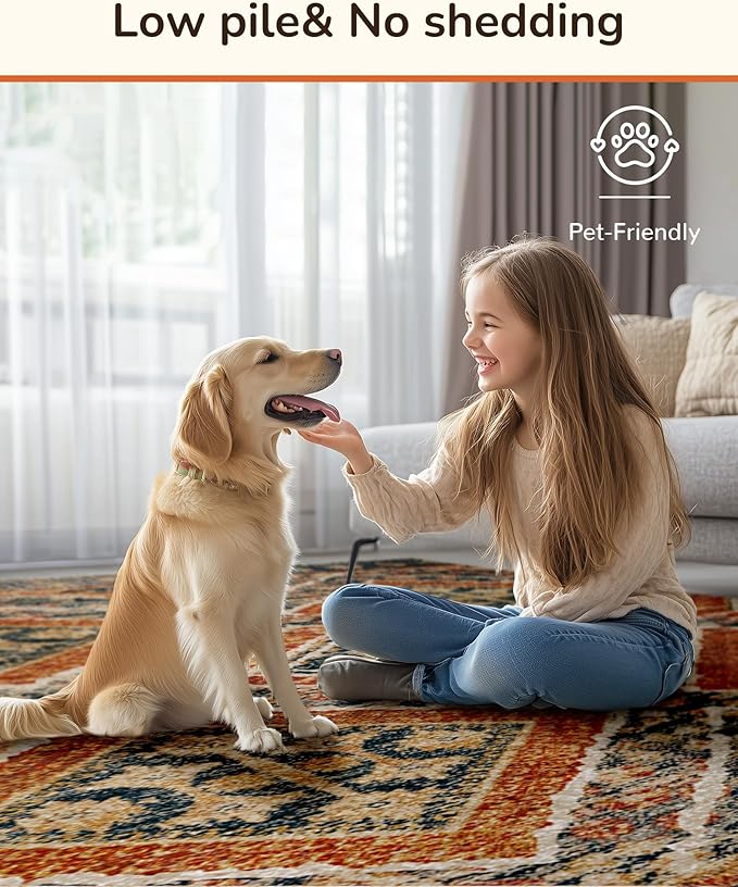 Area Rug 6x9 Rug Machine Washable Non-Slip Low Pile Print Pattern Western Rug for Living Room Bedroom Entryway Tribal Series -Orange/Brown