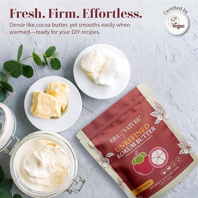 era of nature Kokum Butter Raw - 16 oz (1lb) - Natural Butter for Body Butters, Lotion Bars, Lip Balm, Soap Making – Blends Well with Shea or Cocoa Butter – For Stretch Marks, Scars, Pregnancy Care