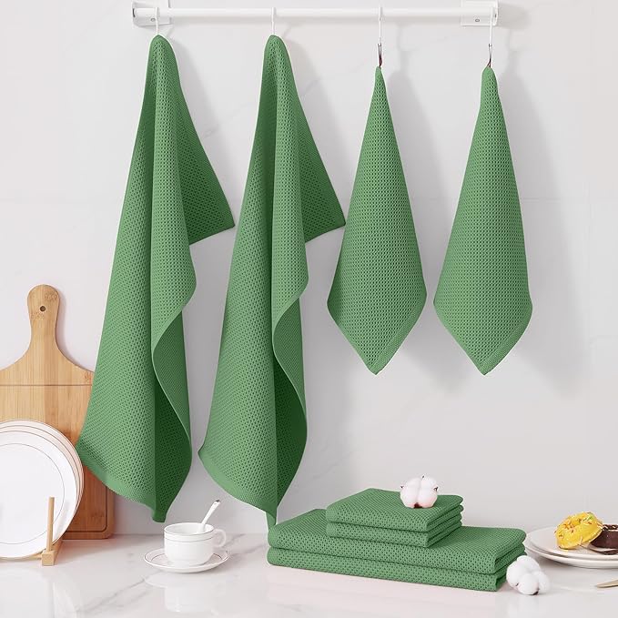 Homaxy 100% Cotton Kitchen Towels and Dishcloths Set, 12 x 12 Inches and 13 x 28 Inches, Set of 12 Bulk Kitchen Towels Set, Ultra Soft Absorbent Dish Cloths for Washing Dishes, Grass Green