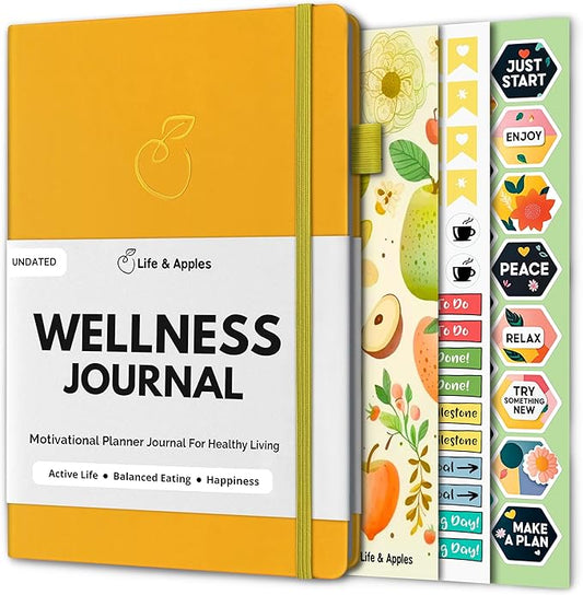 Life & Apples Wellness Journal Planner – Food Log, Fitness Tracker, Habit Tracker, Weight Loss Journal for Diet Tracking and Health Goals, Undated, Size A5 Yellow