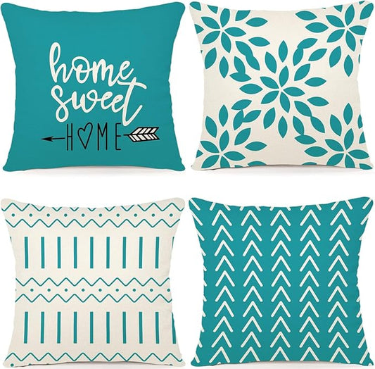 YCOLL Pillow Covers 18x18 Set of 4, Modern Sofa Throw Pillow Cover, Decorative Outdoor Linen Fabric Pillow Case for Couch Bed Car, Aqua Blue