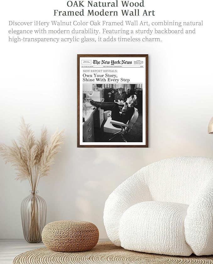 iHery Natural OAK Wood Audrey Hepburn Walnut Color Framed Wall Art, 12x16 in Own Your Story Shine With Every Step Canvas Wall Decor, Modern Trendy Newspaper For Bedroom Bathroom Living Room 1Pack