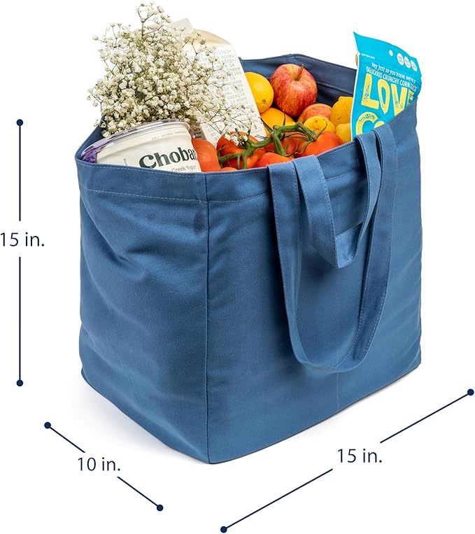 VeraMia Canvas Grocery Bag 3pc XL Set with Real Pockets, Long Shoulder Strap and Short Handle. Heavy Duty, Foldable, Washable