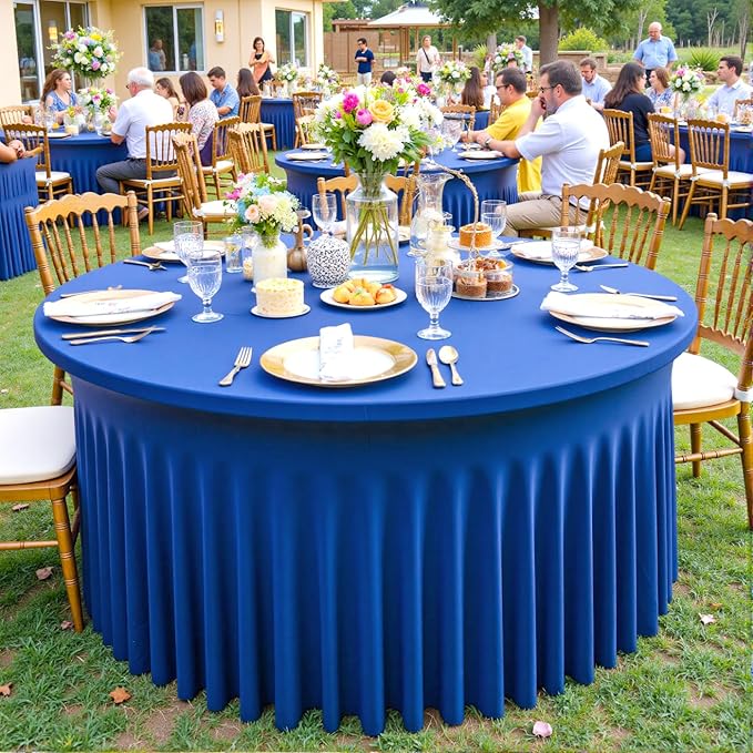 Outpain 6 Pack 72inch Royal Blue Spandex Round Tablecloths, Stretchy 132inch Fitted 6FT Round Table Cloths, Wrinkle Free Table Cover with Skirt for Wedding Party Dining Banquet